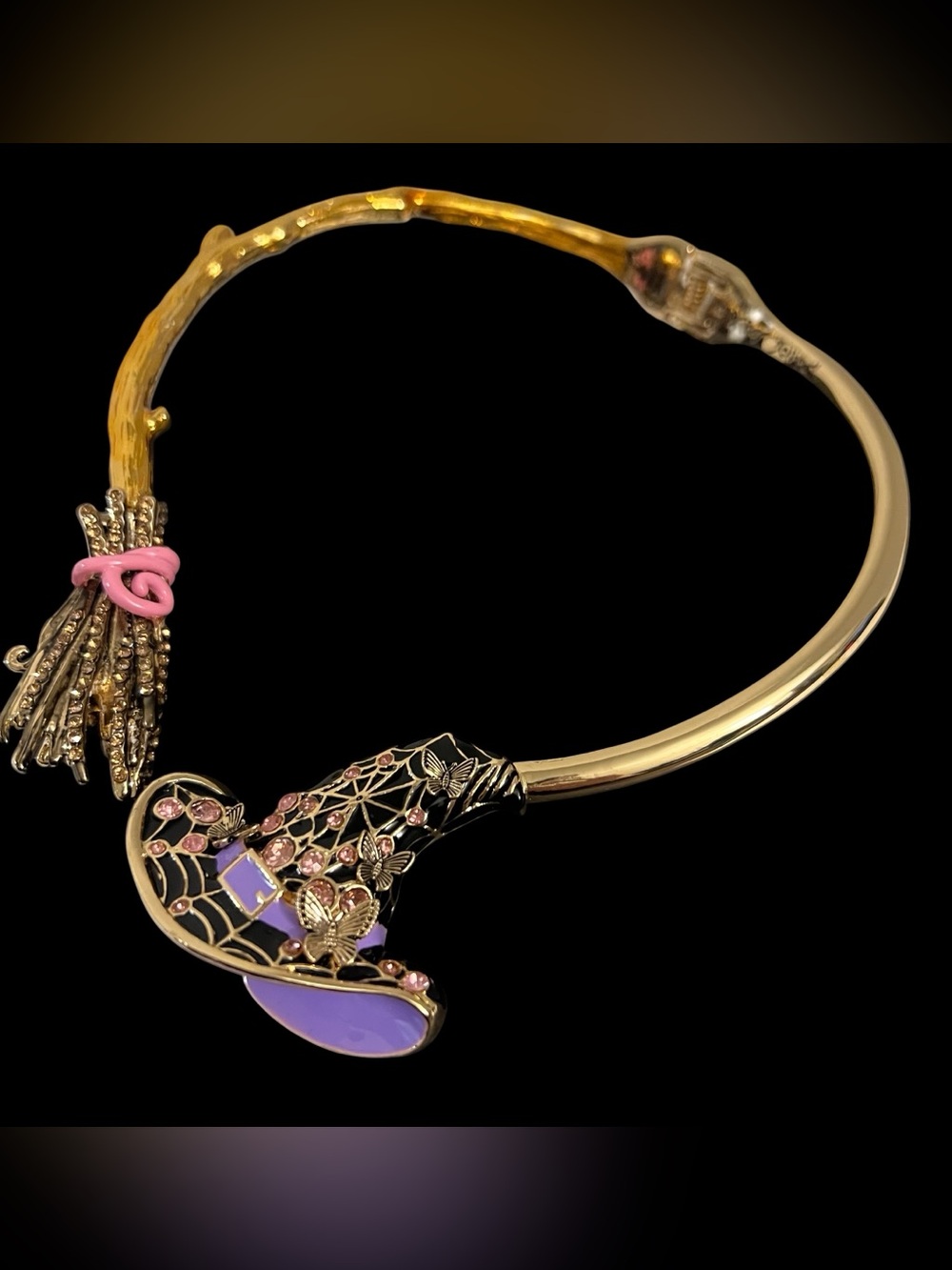 Betsey Johnson Gold-Tone Purple & Pink Floral witch hat & broom Necklace